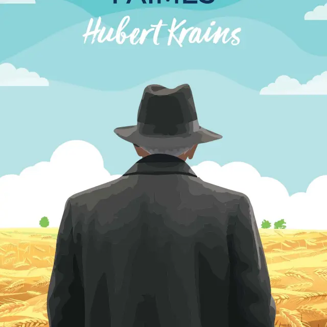 Illustration d'Hubert Krains devant un champ de blé